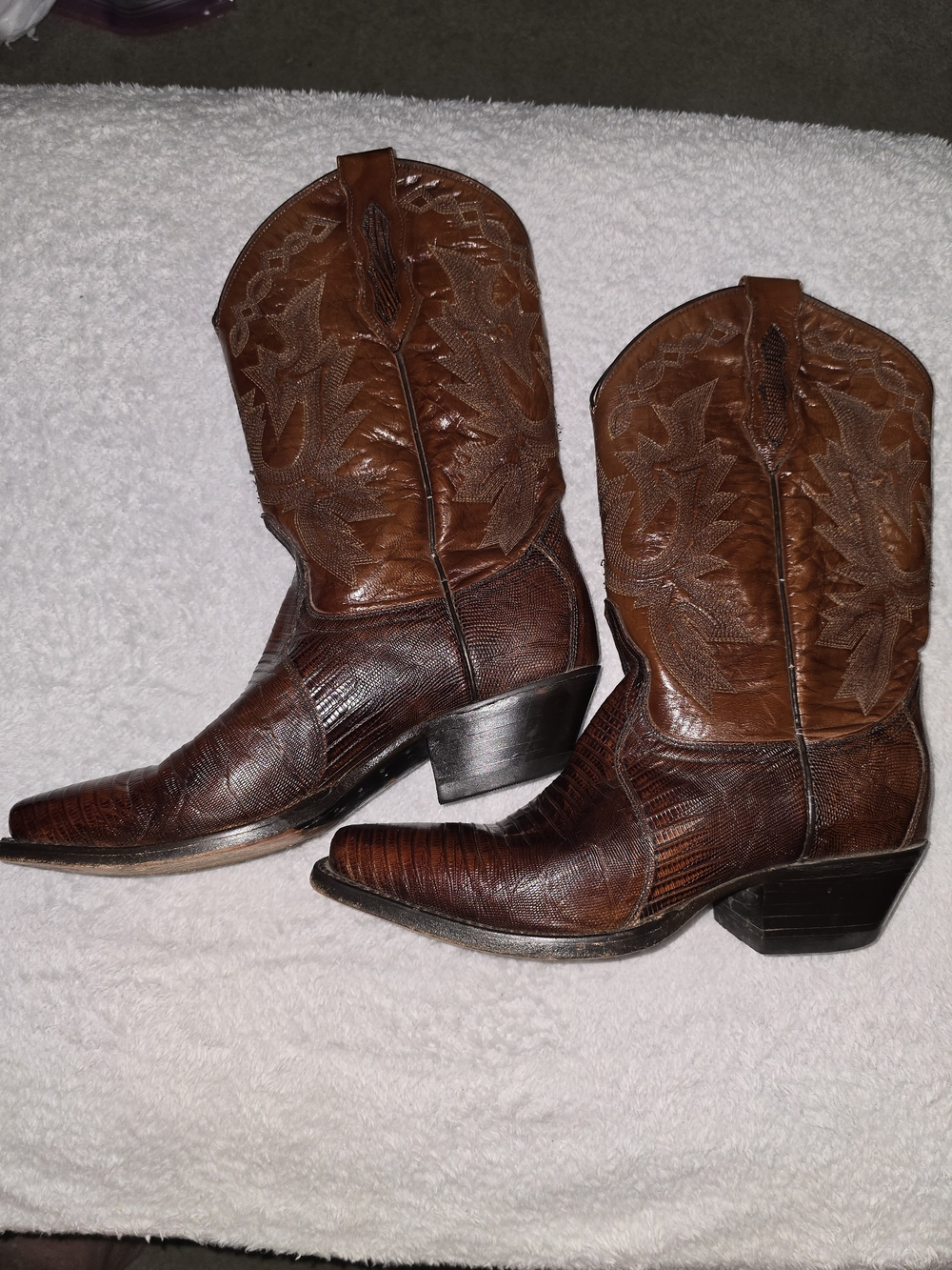 Vintage Dan Post Brown Two-Tone Embossed Western Heeled Boots